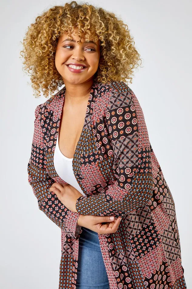 Dark Orange Curve Patchwork Geo Print Kimono Women Roman Jackets