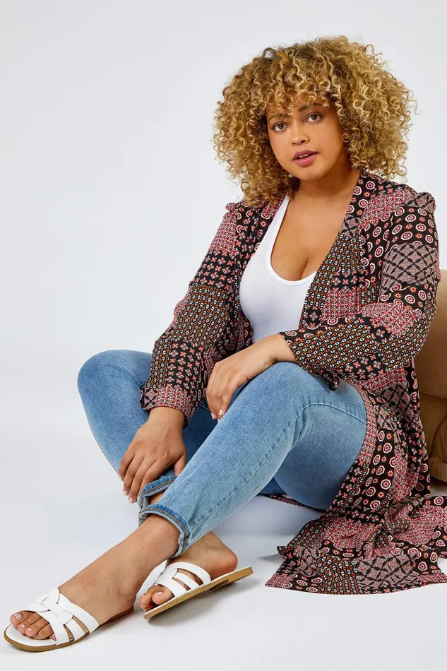 Dark Orange Curve Patchwork Geo Print Kimono Women Roman Jackets