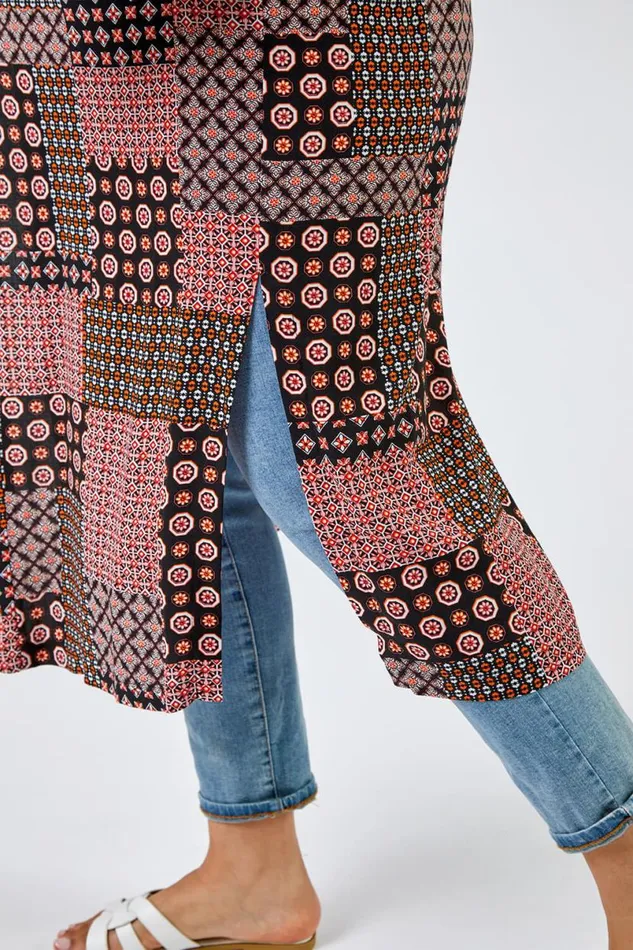 Dark Orange Curve Patchwork Geo Print Kimono Women Roman Jackets