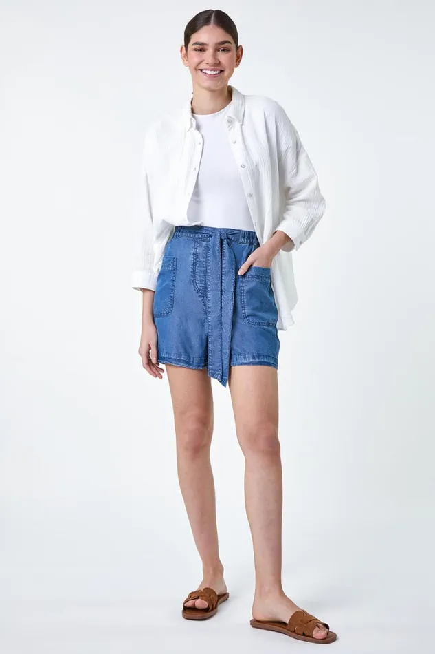 Denim Elastic Tie Waist Pocket Shorts Women Roman Shorts