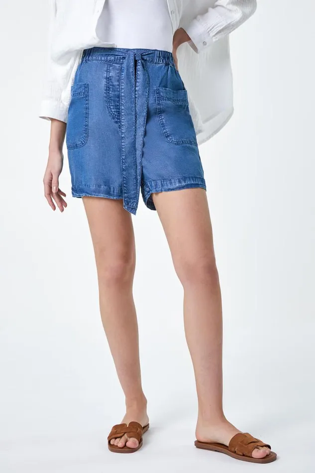 Denim Elastic Tie Waist Pocket Shorts Women Roman Shorts