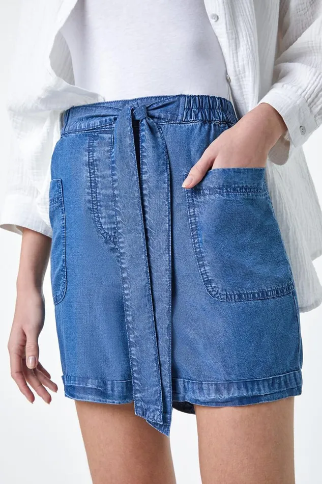 Denim Elastic Tie Waist Pocket Shorts Women Roman Shorts