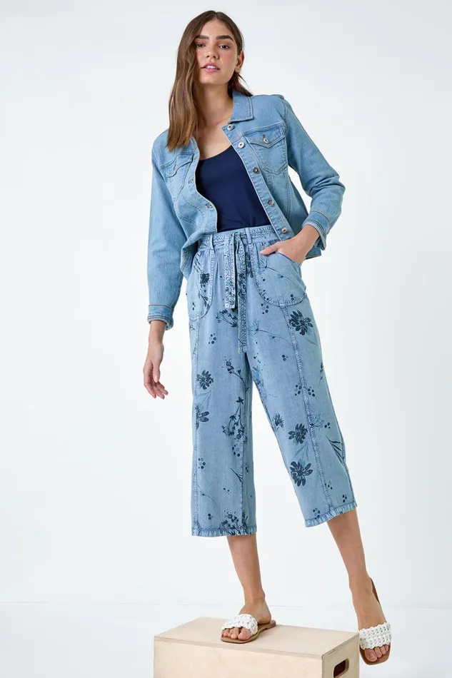 Denim Floral Print Culotte Trousers Women Roman Trousers