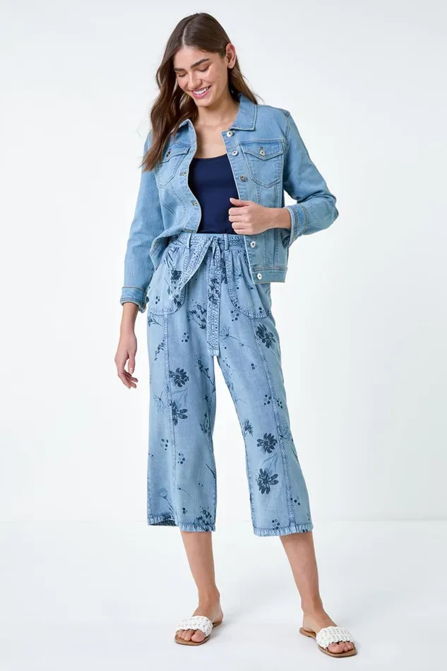 Denim Floral Print Culotte Trousers Women Roman Trousers