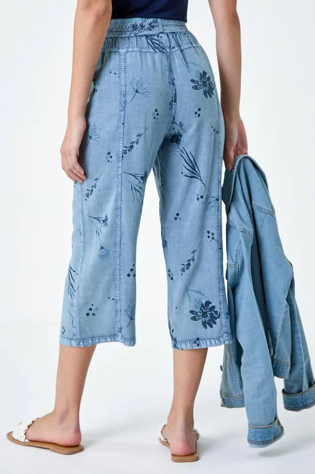 Denim Floral Print Culotte Trousers Women Roman Trousers