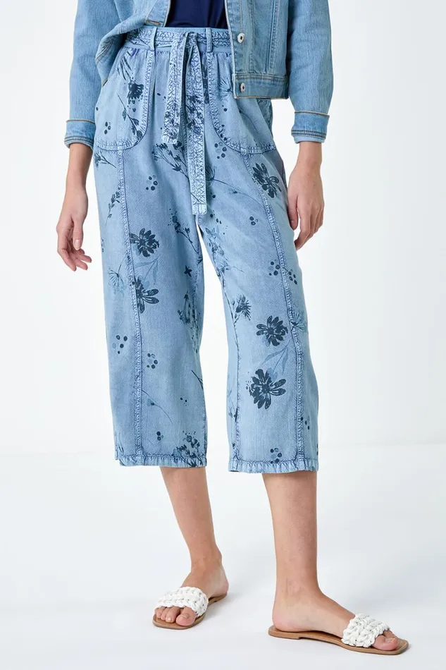 Denim Floral Print Culotte Trousers Women Roman Trousers
