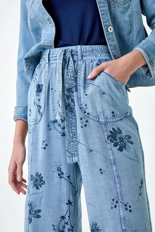 Denim Floral Print Culotte Trousers Women Roman Trousers