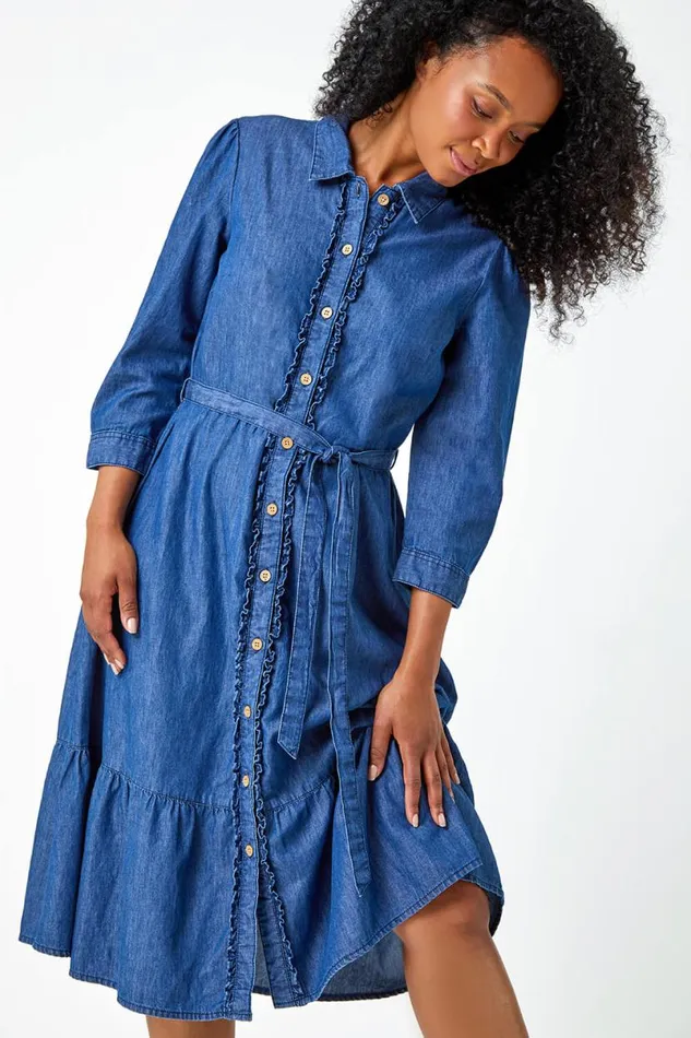Denim Petite Cotton Frill Detail Denim Dress Women Roman Dresses
