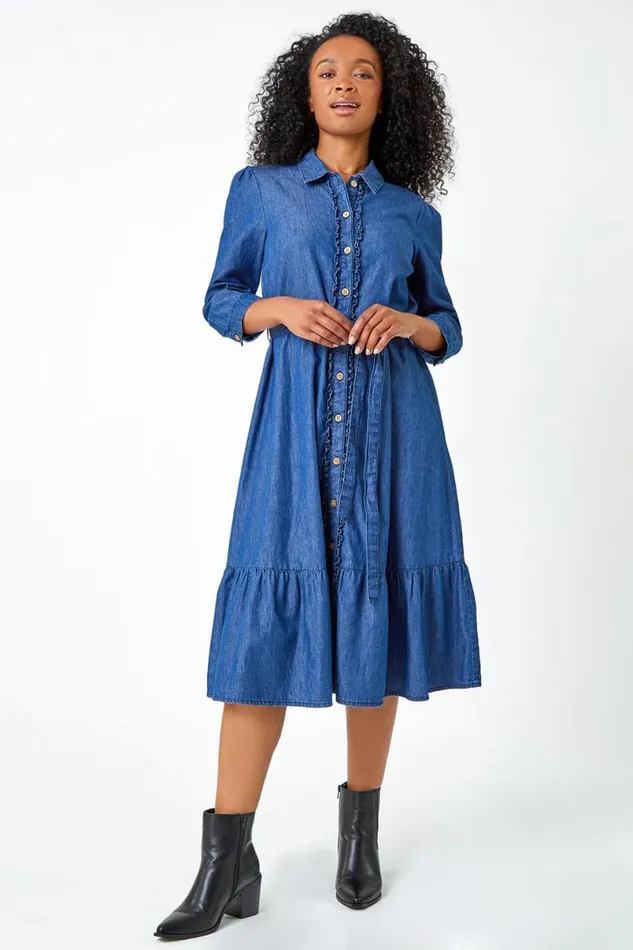 Denim Petite Cotton Frill Detail Denim Dress Women Roman Dresses