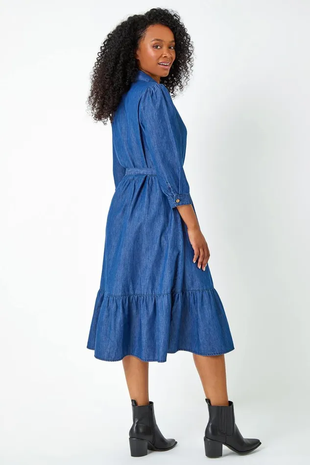 Denim Petite Cotton Frill Detail Denim Dress Women Roman Dresses