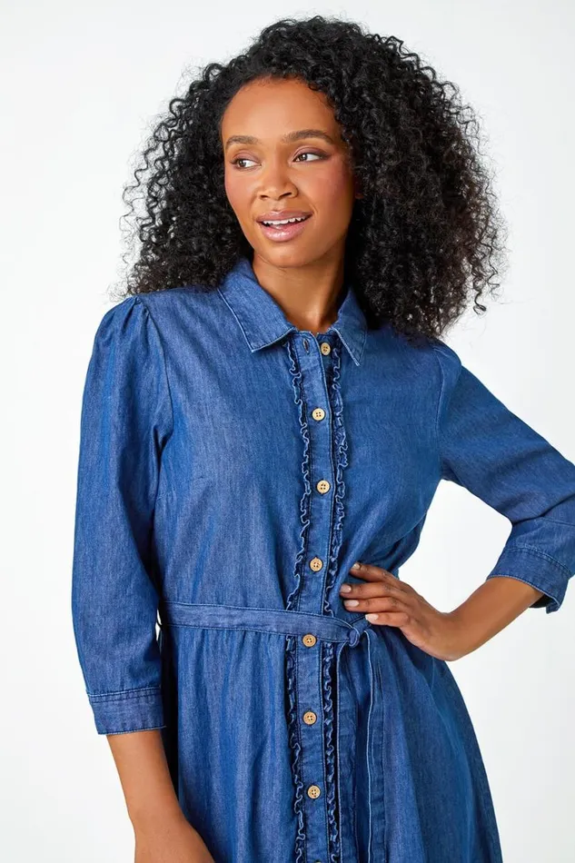 Denim Petite Cotton Frill Detail Denim Dress Women Roman Dresses