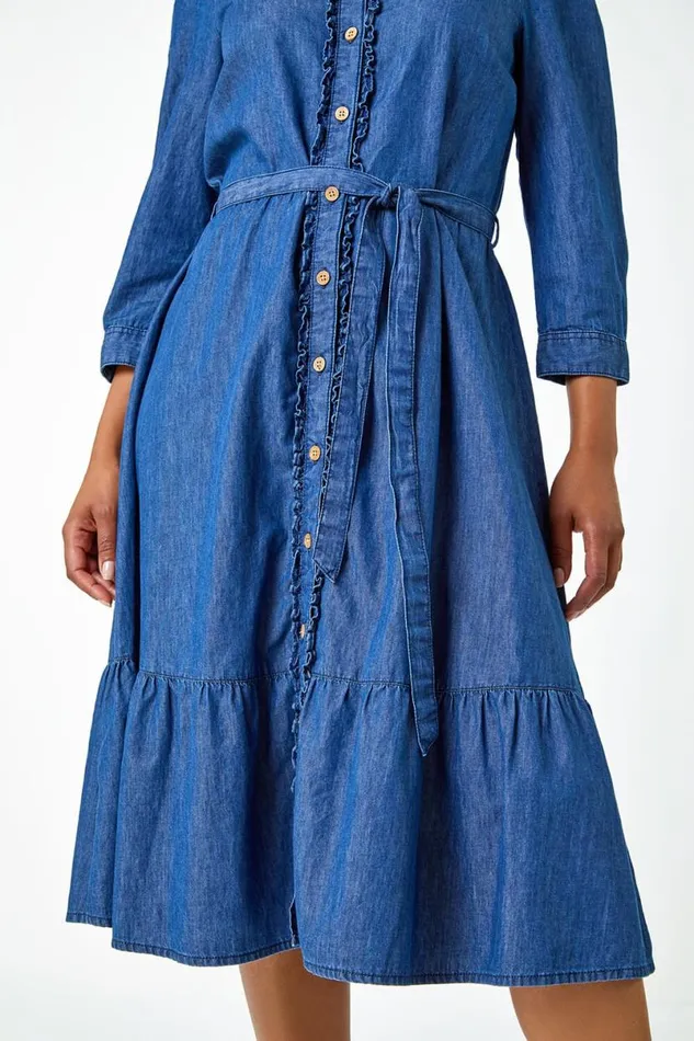 Denim Petite Cotton Frill Detail Denim Dress Women Roman Dresses