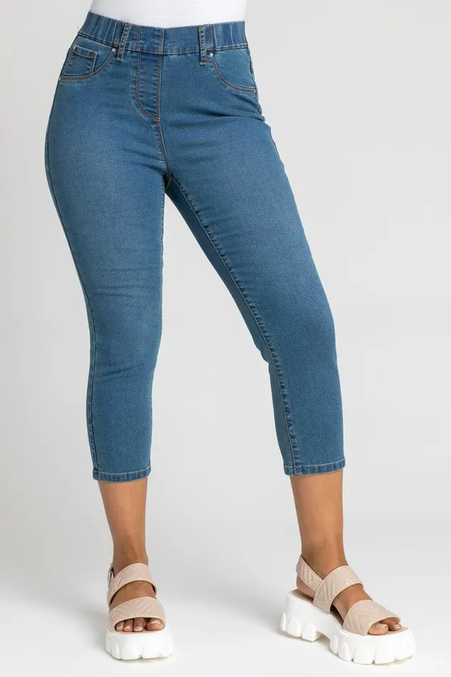 Denim Petite Elastic Waist Denim Cropped Jegging Women Roman Trousers