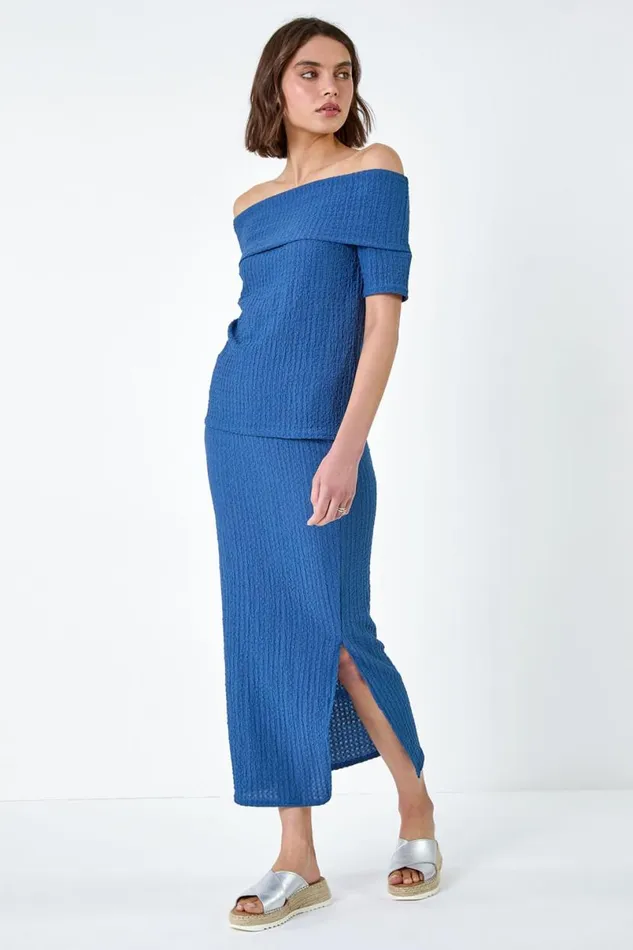 Denim Textured Stretch Midi Elastic Waist Skirt Women Roman Skirts
