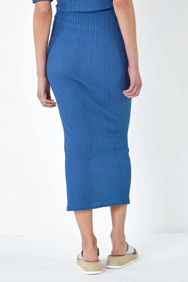Denim Textured Stretch Midi Elastic Waist Skirt Women Roman Skirts