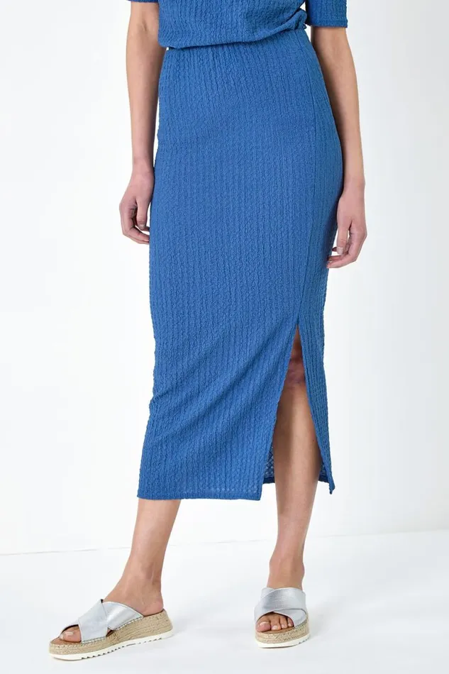 Denim Textured Stretch Midi Elastic Waist Skirt Women Roman Skirts