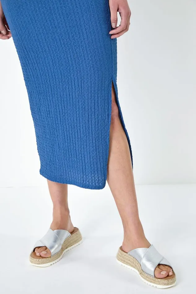 Denim Textured Stretch Midi Elastic Waist Skirt Women Roman Skirts