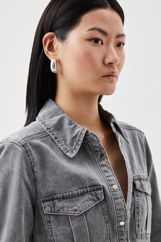 Denim Women Karen Millen Denim Pocket Detail Relaxed Shirt Grey