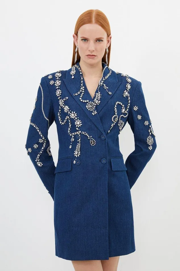 Denim Women Karen Millen Embellished Denim Double Breasted Blazer Mini Dress Indigo