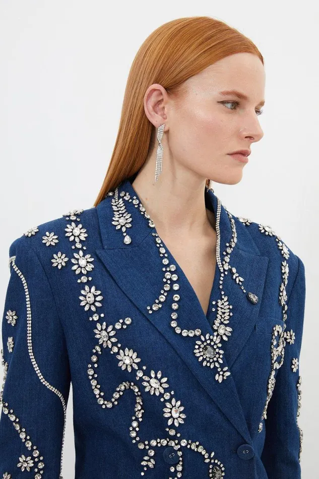 Denim Women Karen Millen Embellished Denim Double Breasted Blazer Mini Dress Indigo