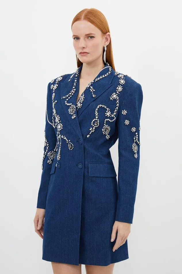 Denim Women Karen Millen Embellished Denim Double Breasted Blazer Mini Dress Indigo