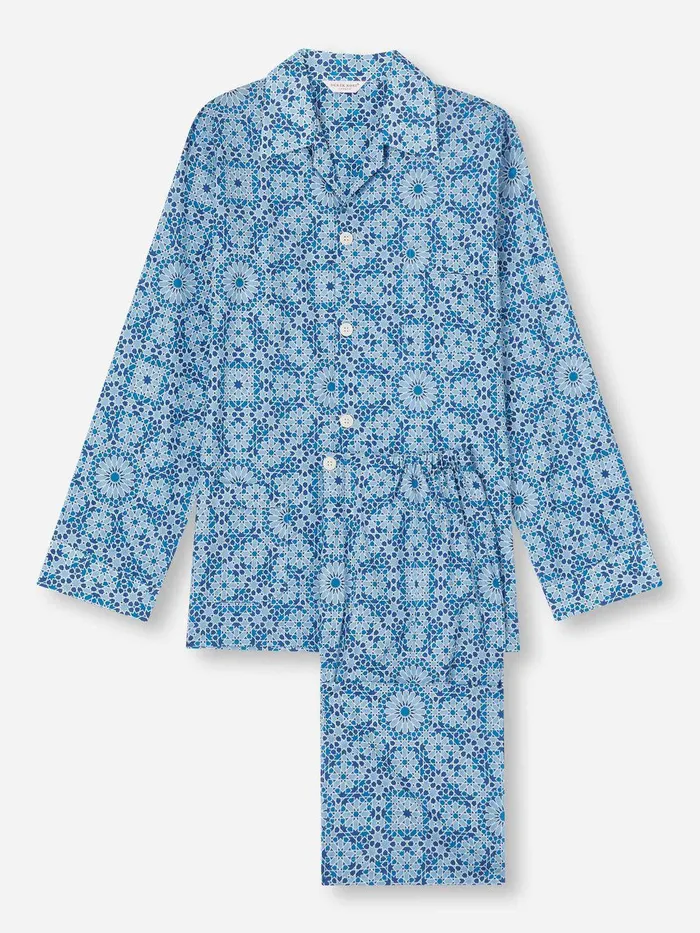 Derek Rose Classic Fit Pajamas Ledbury 69 Cotton Batiste Blue Men Cotton Pajamas