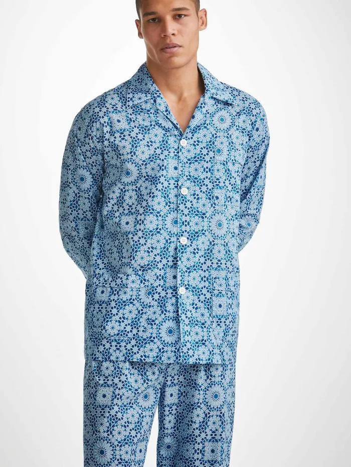 Derek Rose Classic Fit Pajamas Ledbury 69 Cotton Batiste Blue Men Cotton Pajamas
