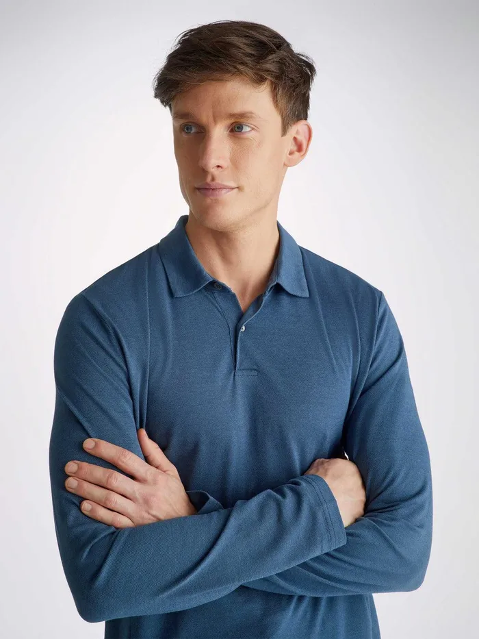 Derek Rose Long Sleeve Polo Shirt Ramsay 2 Pique Cotton Tencel Denim Men Casual Shirts