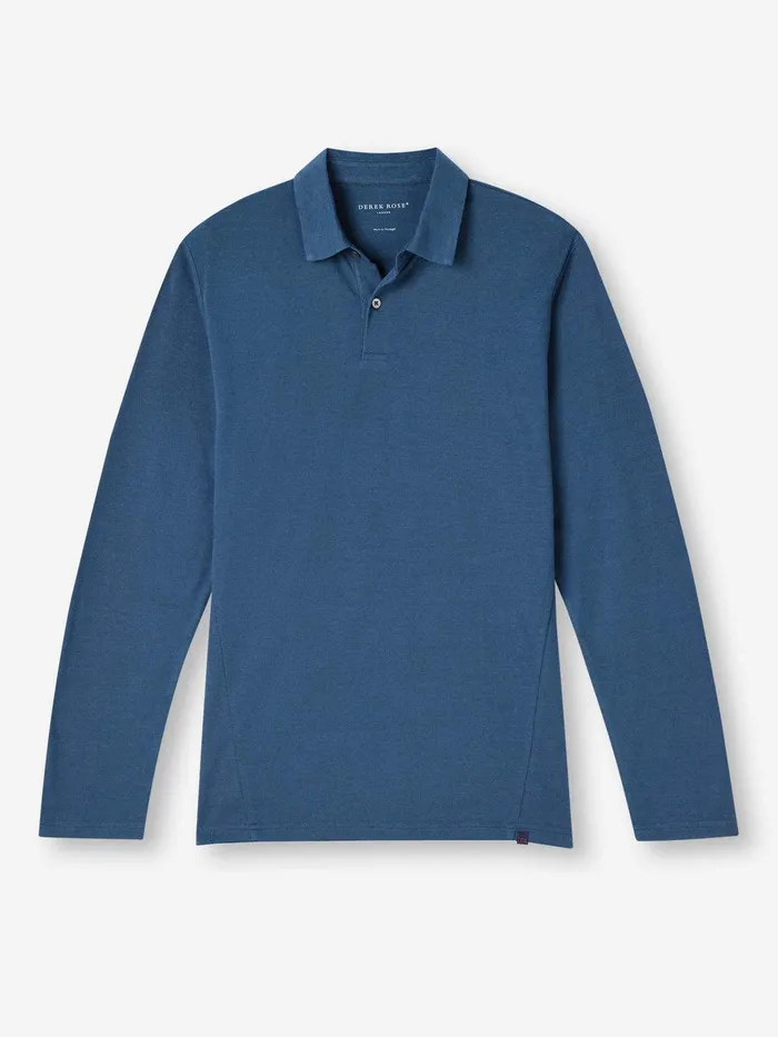 Derek Rose Long Sleeve Polo Shirt Ramsay 2 Pique Cotton Tencel Denim Men Casual Shirts