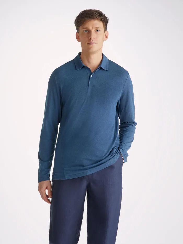 Derek Rose Long Sleeve Polo Shirt Ramsay 2 Pique Cotton Tencel Denim Men Casual Shirts
