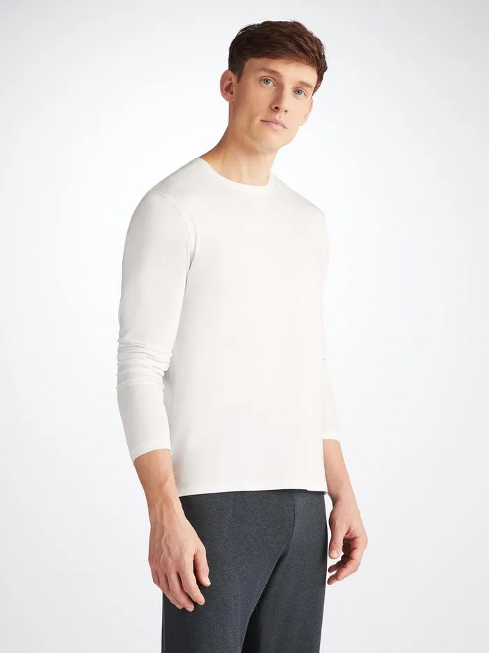 Derek Rose Long Sleeve TShirt Basel Micro Modal Stretch White Men Long Sleeve TShirts