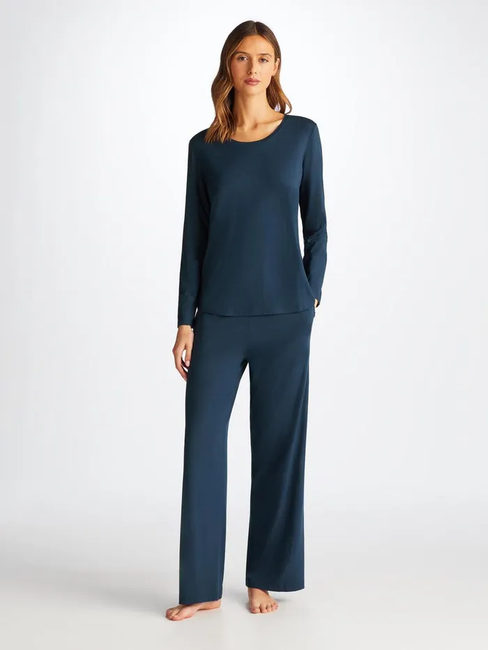 Derek Rose Long Sleeve TShirt Lara Micro Modal Stretch Navy Women Long Sleeve TShirts