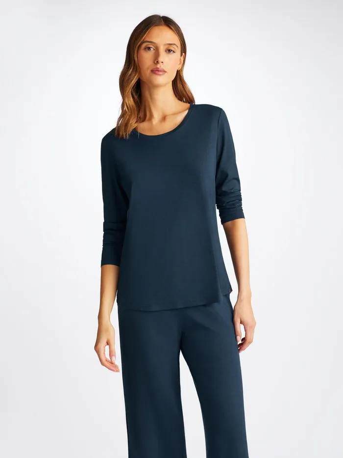 Derek Rose Long Sleeve TShirt Lara Micro Modal Stretch Navy Women Long Sleeve TShirts