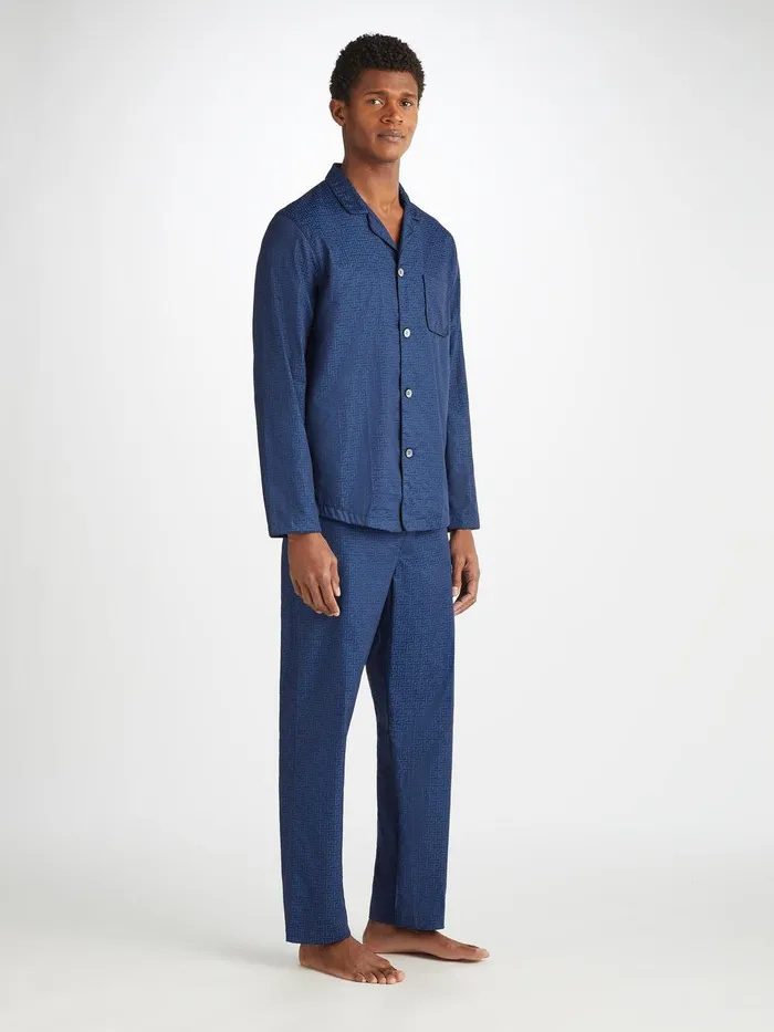 Derek Rose Modern Fit Pajamas Paris 27 Cotton Jacquard Navy Men Cotton Pajamas