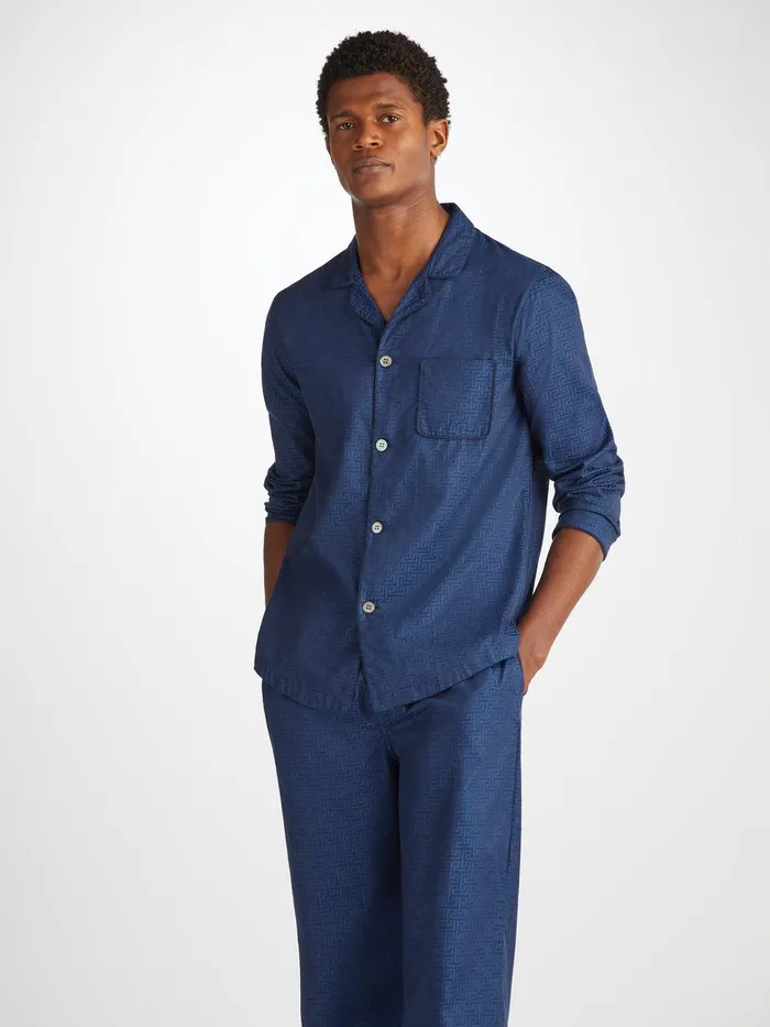Derek Rose Modern Fit Pajamas Paris 27 Cotton Jacquard Navy Men Cotton Pajamas