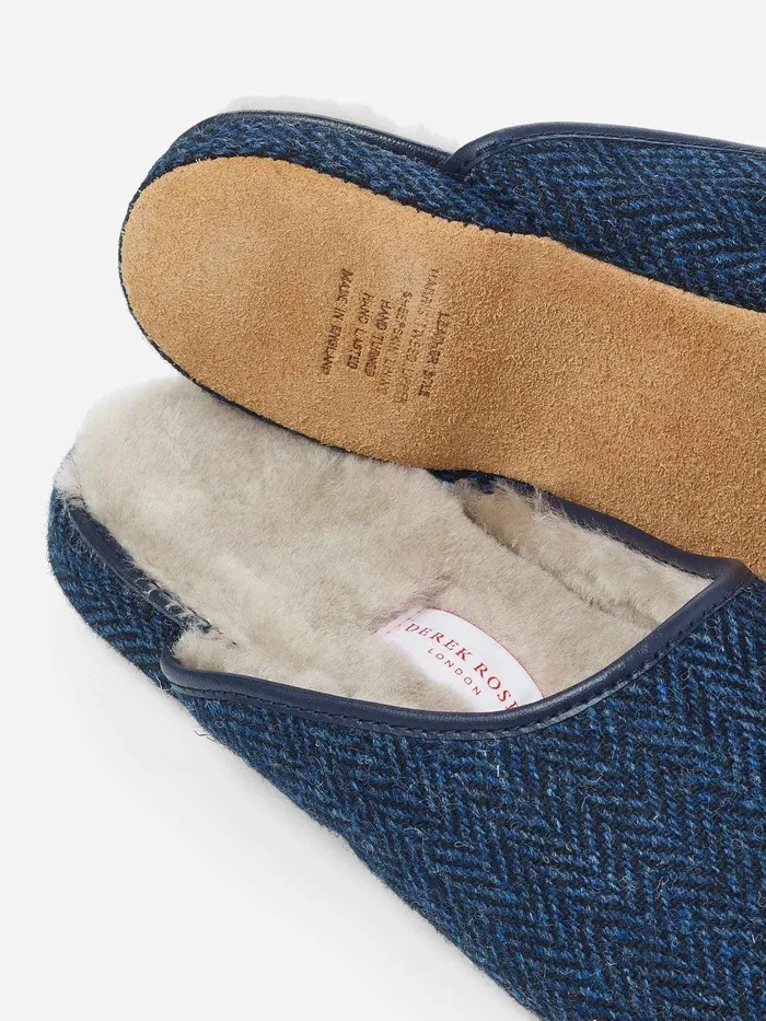 Derek Rose Mule Slippers Douglas 2 Harris Tweed Sheepskin Navy MenSlippers Slippers