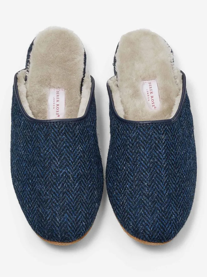 Derek Rose Mule Slippers Douglas 2 Harris Tweed Sheepskin Navy MenSlippers Slippers