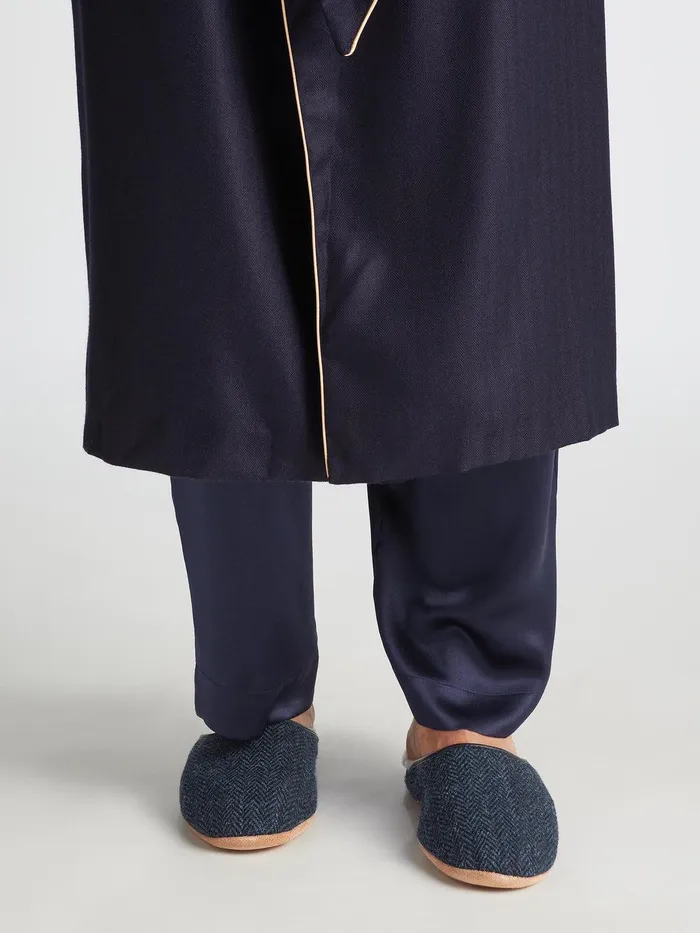 Derek Rose Mule Slippers Douglas 2 Harris Tweed Sheepskin Navy MenSlippers Slippers