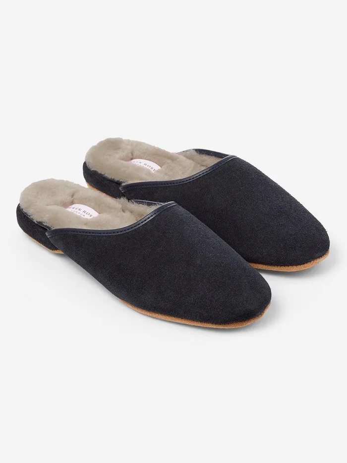 Derek Rose Mule Slippers Imogen Suede Sheepskin Navy WomenSlippers Slippers