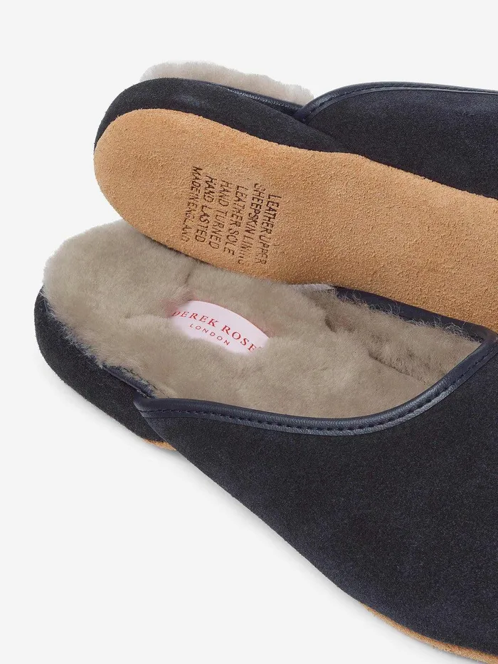 Derek Rose Mule Slippers Imogen Suede Sheepskin Navy WomenSlippers Slippers