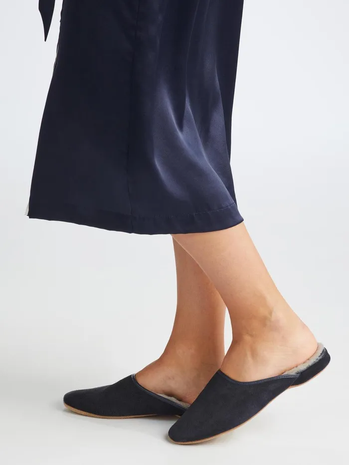 Derek Rose Mule Slippers Imogen Suede Sheepskin Navy WomenSlippers Slippers