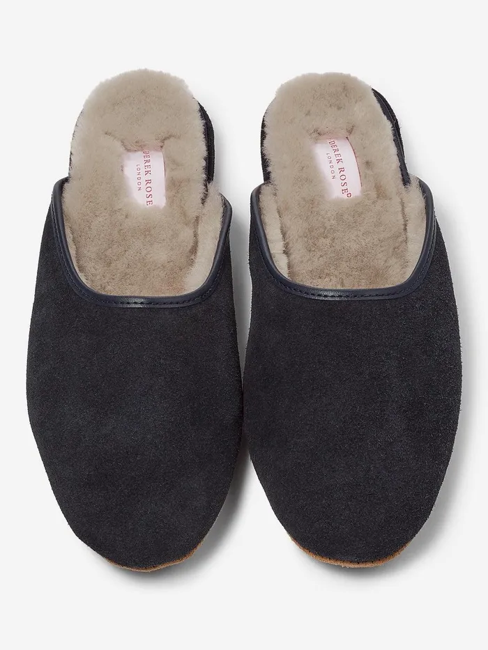 Derek Rose Mule Slippers Imogen Suede Sheepskin Navy WomenSlippers Slippers
