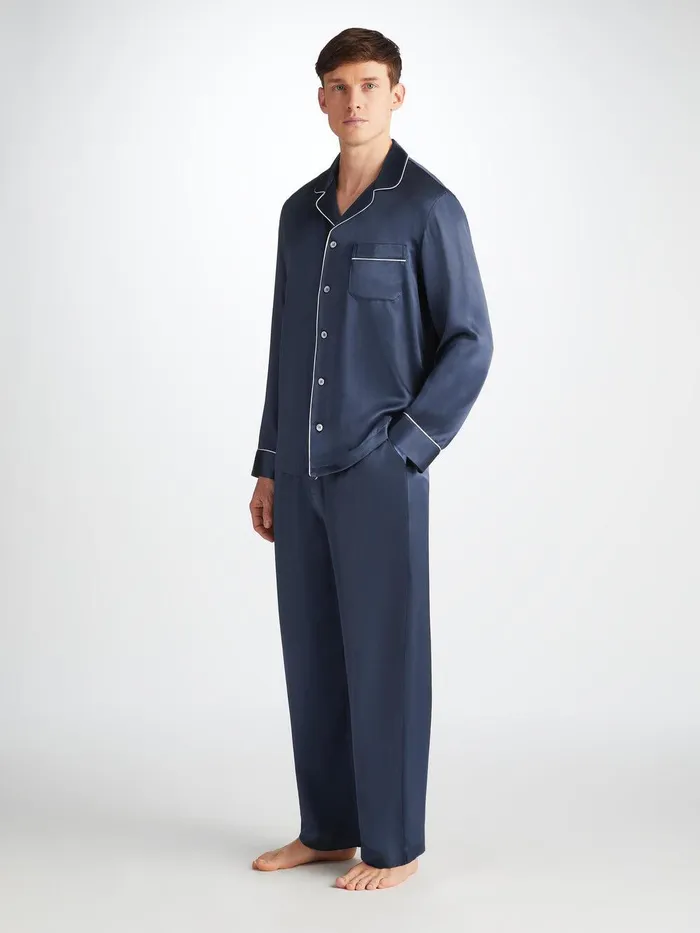 Derek Rose Pajamas Bailey Silk Satin Navy Men Long Pajamas