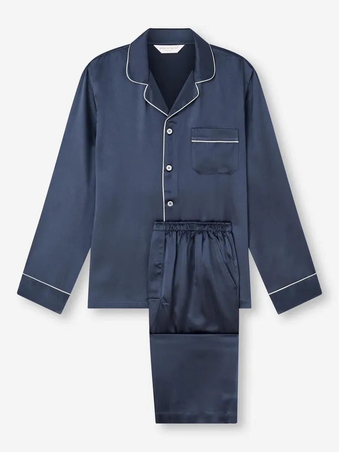 Derek Rose Pajamas Bailey Silk Satin Navy Men Long Pajamas