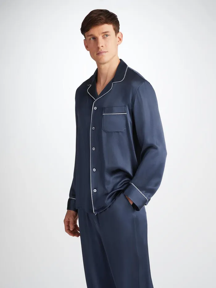 Derek Rose Pajamas Bailey Silk Satin Navy Men Long Pajamas