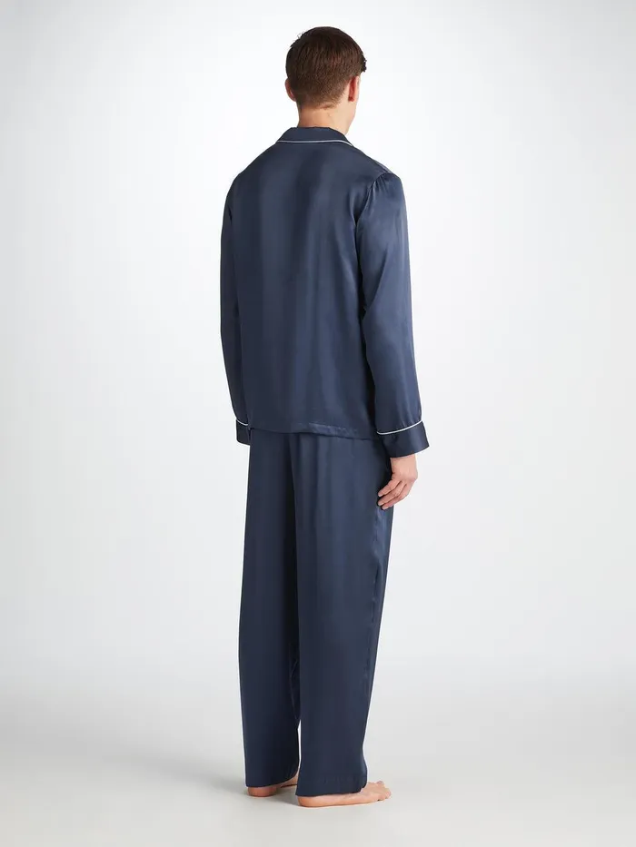 Derek Rose Pajamas Bailey Silk Satin Navy Men Long Pajamas