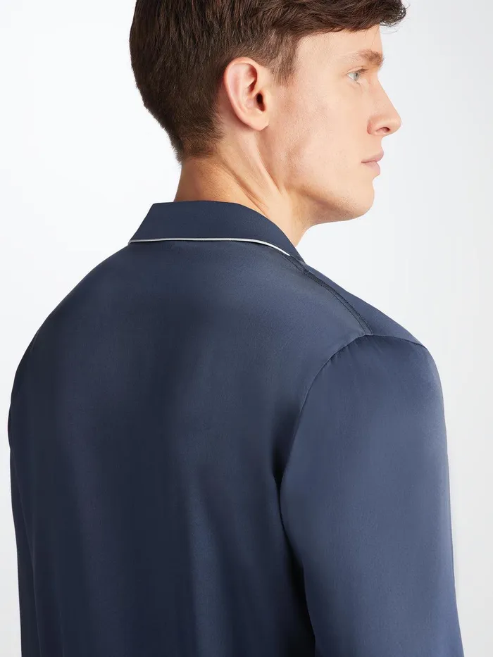 Derek Rose Pajamas Bailey Silk Satin Navy Men Long Pajamas