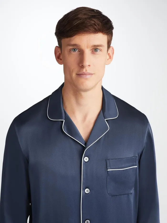 Derek Rose Pajamas Bailey Silk Satin Navy Men Long Pajamas