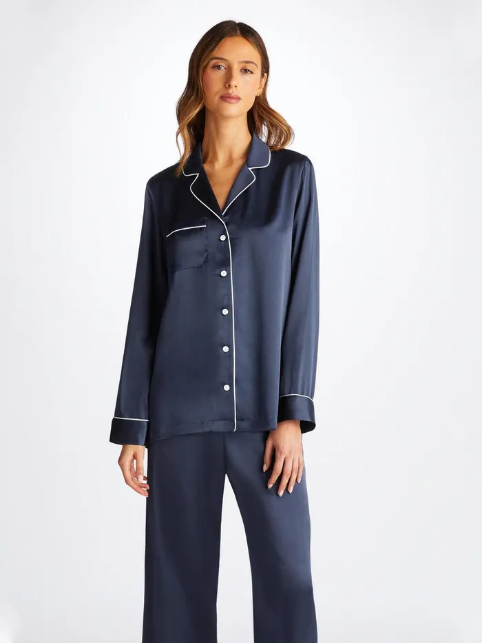 Derek Rose Pajamas Bailey Silk Satin Navy Women Silk Pajamas