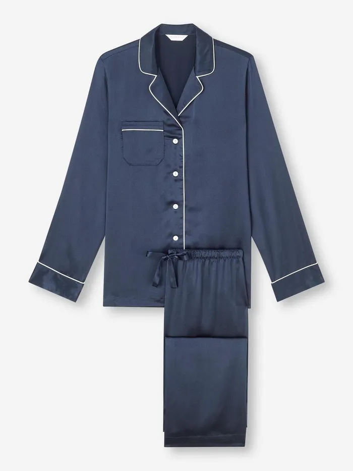 Derek Rose Pajamas Bailey Silk Satin Navy Women Silk Pajamas